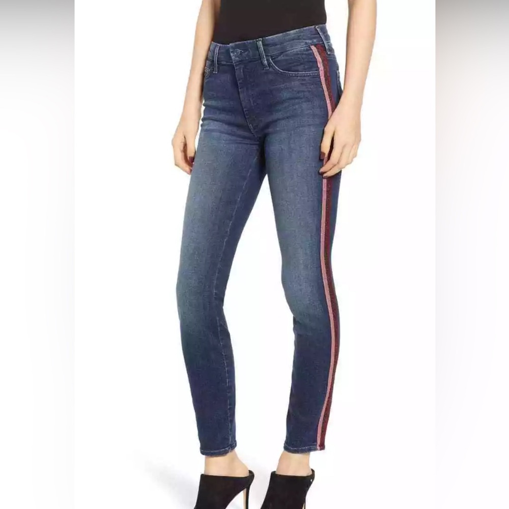 Mother Here Kitty, Kitty Glitter Racer Stripe High Waisted Looker Jeans Size 26